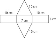 A net has a horizontal rectangle of length 7 centimeters and height 4 centimeters in the center, with rectangles of length 10 centimeters on each width side and triangles with sides 10 centimeters on each length side.