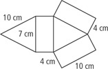 A net has a vertical rectangle with length 7 centimeters and width 4 centimeters, with triangles with other two sides measuring 10 centimeters on each length side. The triangle on the right has rectangles of width 4 centimeters on each 10-centimeter side.