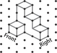 An isometric drawing has a cube at the front, in front of the left side of a stack of cubes with three on the left, two in the middle, and one on the right.
