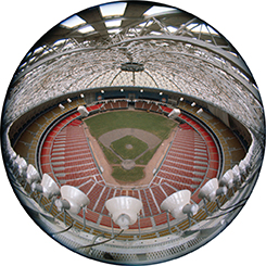 A spherical view of the Houston Astrodome looking down onto the baseball field.