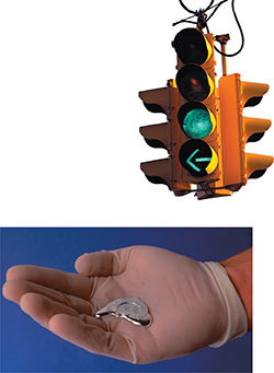 Two photographs, one of a traffic stoplight showing green, and the other of a gloved hand holding a silver colored substance.