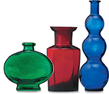 Three colorful glass vases in a row, from shortest to tallest.