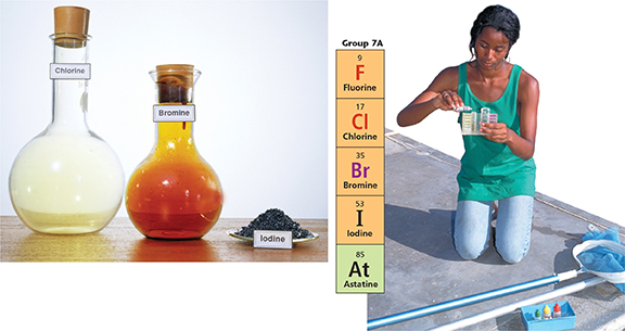A glass bottle labeled chlorine, a glass bottle labeled bromine and a pile of iodine in a dish; a vertical strip of the elements fluorine, chlorine, bromine, iodine, and astatine; and a woman dropping liquid into a tray.