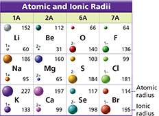 Table showing the atomic and ionic radii for 12 elements of the periodic table. For each element on the table, the atomic radius and iconic radius are labeled.