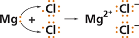 Figure of magnesium chloride. Starts out by showing magnesium and the process of electrons transferring to become magnesium chloride.