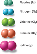 Five diatomic molecules in a vertical line, from smallest to largest. The five elements listed, starting at the top, are fluorine, nitrogen, chlorine, bromine, and iodine.