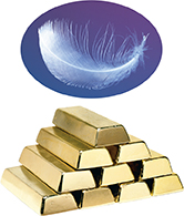 A stack of gold bars. A single feather floats above it.