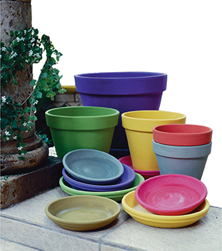 Gardening pots in different colors.