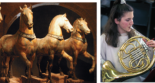 Photo of three ancient statues of horses. Next to this image is a separate image of a young woman blowing into a French horn. 