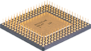 A square plate with pin-like points coming out the top of it, representing transistors on a microchip.