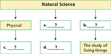 Diagram titled "Natural Science" in which students must fill in the diagram to describe the types of natural sciences and what they study.
