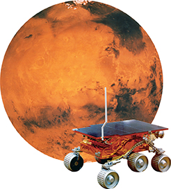 The photo of the six-wheeled Sojourner rover in front of a giant image of the planet Mars.