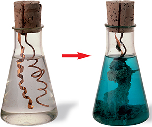 Two vials, each containing a coil of copper wire. In the first  vial, the copper wire is submerged in clear liquid. In the second  vial, the copper wire is submerged in blue liquid, and the copper wire has silver crystals growing on it.