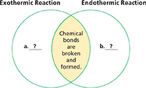 Venn diagram showing exothermic and endothermic reactions. Students must fill in the missing information from the diagram. 