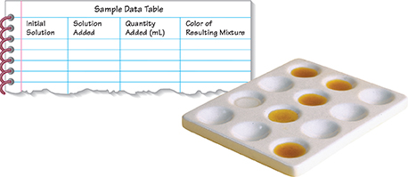 Photo of a sample data table next to a tray with grooves for dropping liquid into. The data table has four columns for initial solution, solution added, quantity added, and color of resulting mixture. 
