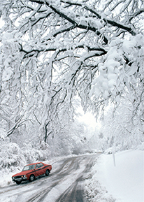 A car drives on an icy road. The trees and the ground around is covered with snow.
