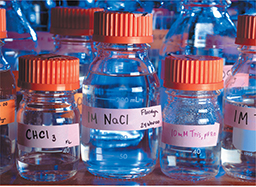 Various glass bottles, labeled according to their solutions.