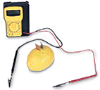 A whole lemon with two strips sticking out of the rind. There is a handheld machine in the background with a dial, connected to two wires that have terminals at the ends. These materials help you create a homemade battery.