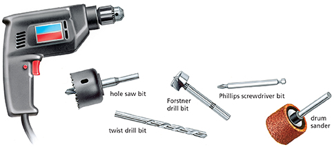 A power drill with various bits to attach, including a sander.