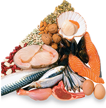 Various protein sources, including fish, nuts, and beans.