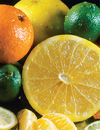 Citrus fruits, including oranges, lemons, and limes. One fruit is sliced open, showing the inside of the fruit.