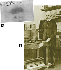 Two photographs labeled A and B. Photograph A is of a photographic plate with a blurry image. Photograph B is of Henri Becquerel standing in his lab. 
