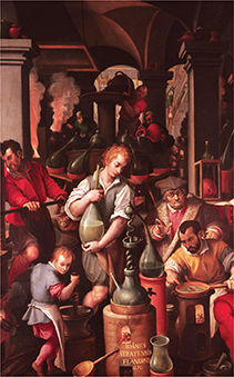 An old painting depicting men who are in a laboratory, mixing concoctions