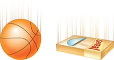 Drawing of a basketball next to a box of cereal. Both items are being dropped and are mid-air.