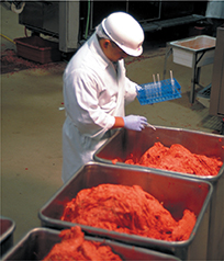 A technician wearing protective clothing holds a tray of test tubes and conducts tests on food content in large containers.
