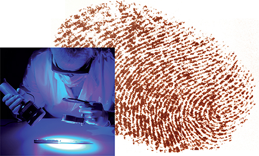 A scientist works in the dark with a blacklight, using a magnifying glass to examine a knife and the closeup of a fingerprint.