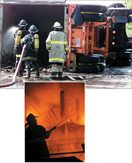 Two images of firefighters. First photo shows firefighters putting out a fire of a truck that is lying on its side on the road. Second photo shows firefighter shooting a water hose into glowing flames.