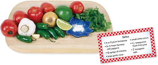 Photo of produce sitting on a wooden cutting board. Produce shown includes tomatoes, garlic, onion, lime, cilantro, and jalapeno peppers, along with salt. Next to the cutting board is a recipe for salsa. 