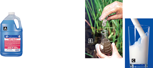 A set of three images.
 Image A: A plastic container of anti-freeze for a car's windshield, with the words Danger and Poison. 
Image B: Gloved hands pour a solution from a test tube into a bottle with a muddy liquid. 
Image C: Milk poured into a glass.