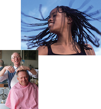 Photo of a girl with braided hair turning her head to the side so the braids fly up into the air. Below it is a picture of a man at a barber shop getting a haircut.