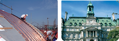 Two photos are show. The left photo shows construction workers on top of a building laying a copper roof. The right photo shows an old building with a green roof. The green roof was once copper, but the green color comes from the patina.