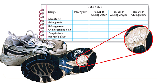 Photo of a pair of sneakers. One of the shoes is lying on its side, showing  the sole.  A part of the sole is zoomed in. Behind the pair of shoes is a data table that students must fill out for the experiment on the evidence collected from a crime scene.