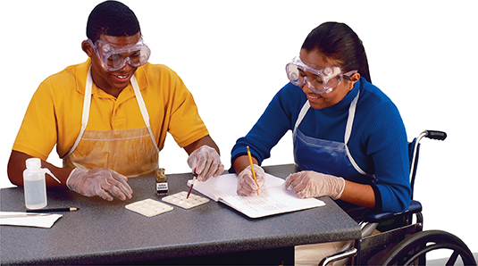 Photo of two students working in a lab. The female student sits in a wheelchair at the table, writing in a notebook. The male student sits at the table dropping iodine from a dropper into a gray. 