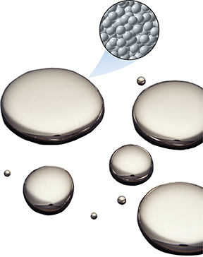 Two images. One drops of mercury on a flat surface taking on round shapes, and an illustration of atoms packed close. 