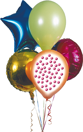 Helium gas balloons in different shapes - star, disc and tear drop shapes. A section of one balloon is opened to show loosely packed particles inside.
