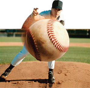 A baseball player throws a ball. The ball is zoomed in to represent the speed at which the ball is thrown.