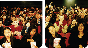 Two photos of people seated in a rows in a movie theater. The audience in in one image looks bored and quiet. The same audience in the other image is smiling and cheering.