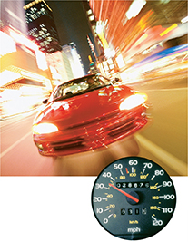 Photo of a car driving fast through a city street with the background blurred. Then, the image offers a closeup of a speedometer, set to 35 miles per hour.