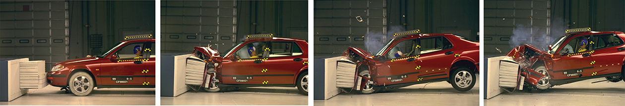 Four photos of a staged car crash with dummy driver to illustrate force in motion.