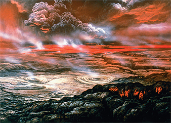A drawing of the surface of another planet, showing cloudy skies, a body of water and black holes.