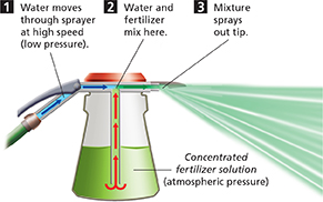An illustration of a spray bottle with concentrated fertilizer solution attached to a hose, showing how the mixture sprays out the tip.