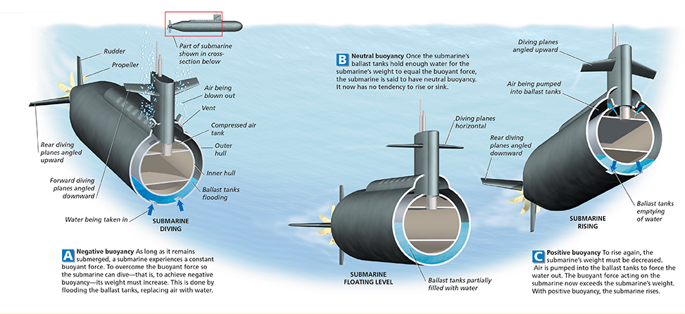 A drawing and diagram of the structure of three submarines, labeling the different parts of the submarine, as well as showing how it maintains negative buoyancy, neutral buoyancy and positive buoyancy.