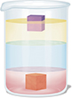 An illustration of a glass beaker filled with three different colored fluids at different levels of the beaker. Two equal sized cubes are placed in it, one cubes floats on the top while the other sinks to the bottom of the beaker.