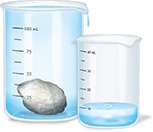 Two glass beakers. The large beaker is filled to the brim with water and contains a small rock sunk at its bottom. Water overflows from the large beaker and spills into the smaller beaker.