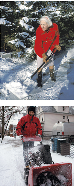 An older woman dressed in winter clothing removing snow using a shovel.  
Another image of a man dressed in winter clothing using a snow blower to remove snow from the sidewalk. 