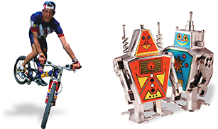 A boy on a bike and two toy robots.